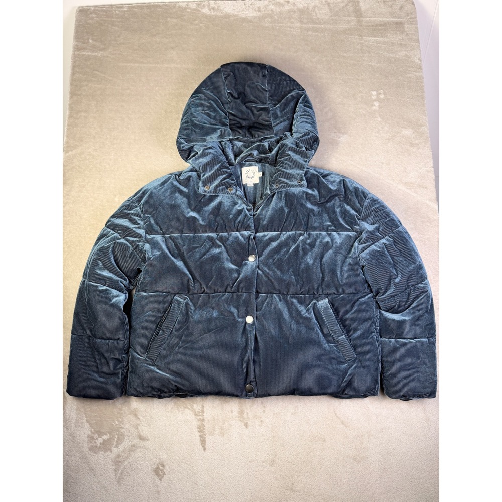Lili Sidonio Womens Velvet Corduroy Puffer Jacket Small Blue Hooded Quilted Coat